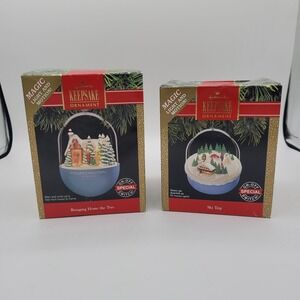 Set Of Two Vintage Hallmark Keepsake Ornament Light And Motion Winter Scene